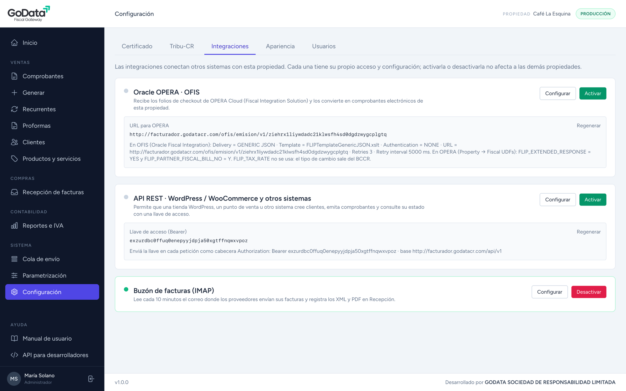 Integraciones disponibles por propiedad en el Facturador
