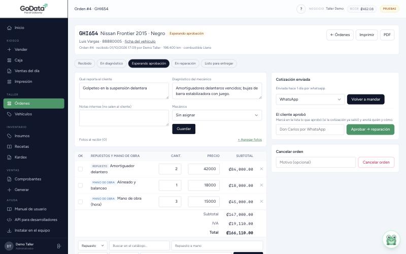 Orden de trabajo del taller con diagnóstico, repuestos, mano de obra y cotización