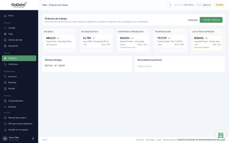 Tablero de órdenes de trabajo del taller: recibido, diagnóstico, esperando aprobación, reparación y listo